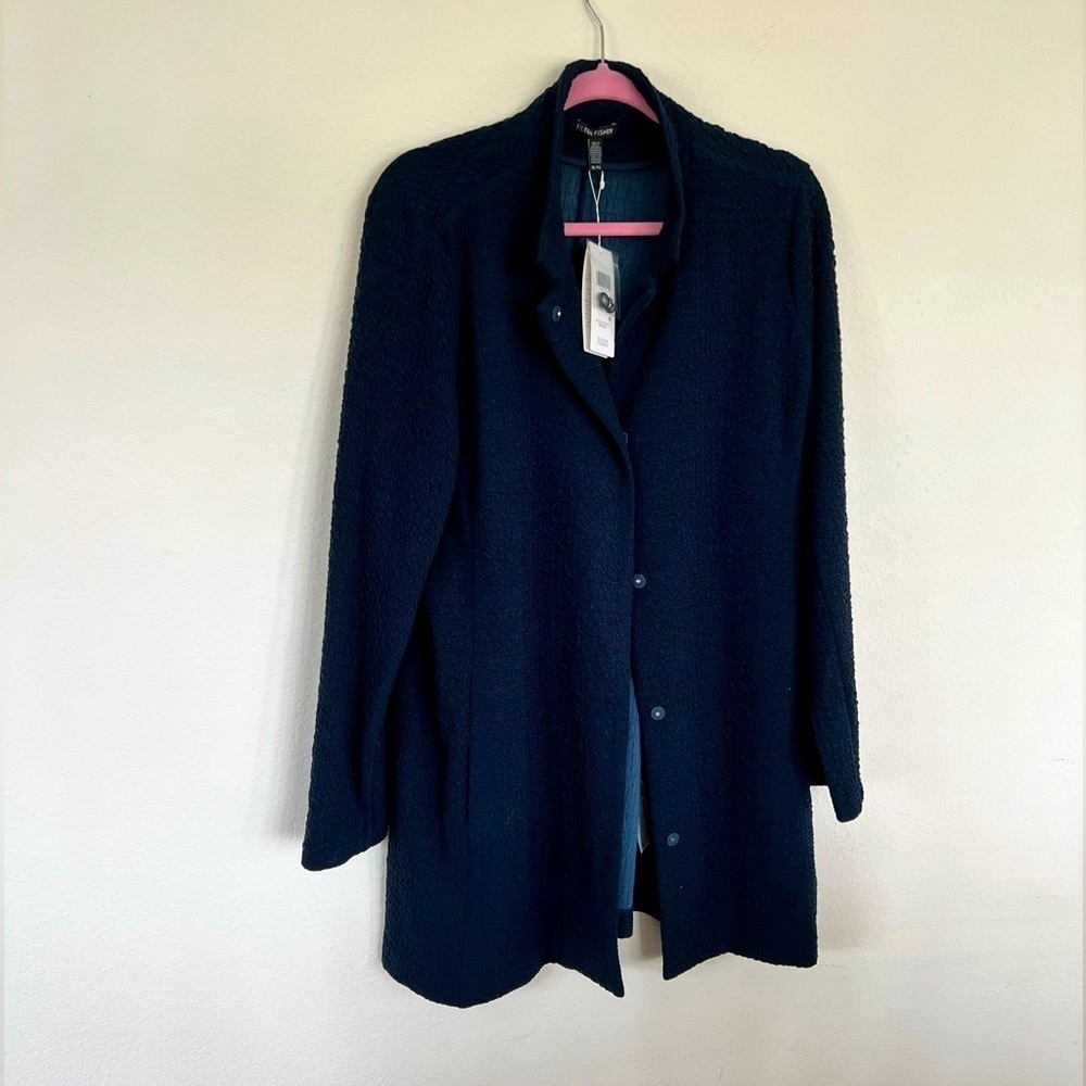 Eileen Fisher Navy Blue Organic Cotton & Tencel Pucker Stand Collar Long Jacket